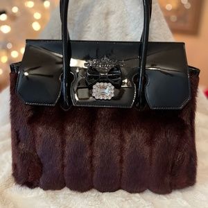 My Flat in London Beautiful Faux Fur Black Patent Leather Bag